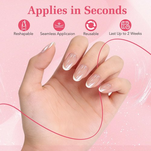 Skiennix Press on Nails,White French Tip Short Round Reusable Stick on Nails, 30 Soft Gel Fake Nails Kit in 15 Sizes for Women,Wedding Gift Be Elegant Classic French