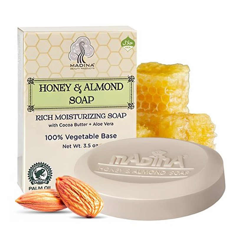 Madina Honey & Almond Soap Bar – Moisturizing, Nourishing, Sweet Almond Oil, Honey, Cocoa Butter, Aloe Vera, 100% Vegetable-Based, Halal Certified, 6 Pack (3.5 oz Each)