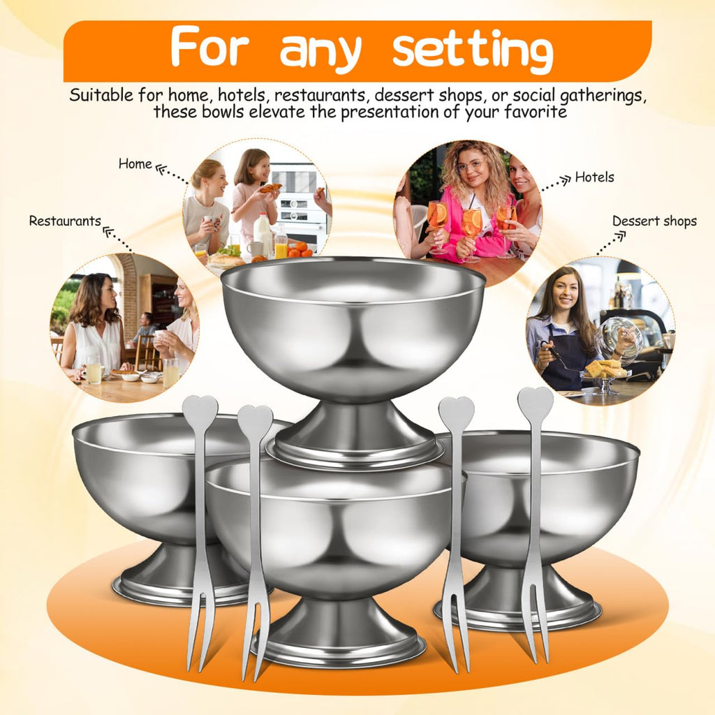 Housoutil Ice Cream Cups, 4 Pcs Stainless Steel Serving Dessert Bowls, Round Sauce Bowls, Reusable Footed Yogurt Snack Candy Cups for Cake Salad Fruit Pudding Snacks Christmas Party