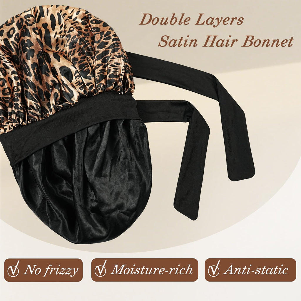 YOHTAS Satin Hair Bonnet for Sleeping Women, Double Layer Silk Bonnets for Women with Tie Band, for Braids Curly Long Hair