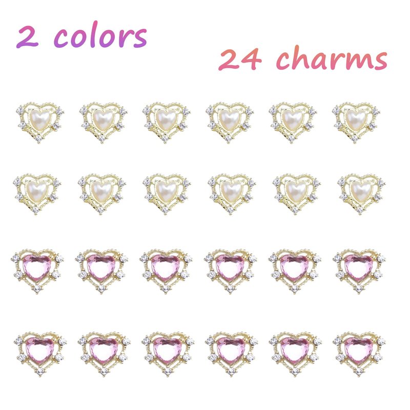 YOSOMK 24PCS Heart Nail Art Charms White Pink Nail Charms 3D Heart Pearls Nail Supplies Accessories 2 Colors Nail Gems Rhinestones Jewelry for Women Acrylic Nail Art Design Decoration