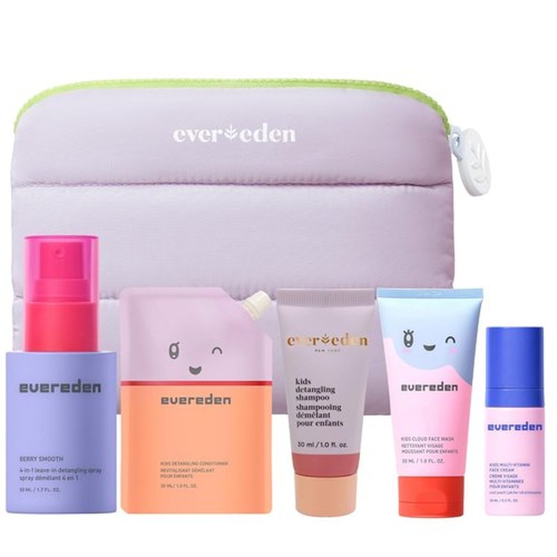 Evereden Kids Travel Set - Vegan 5-Piece Skin & Hair Care Kit | Face Cream, Wash, Shampoo & Conditioner with Travel Bag