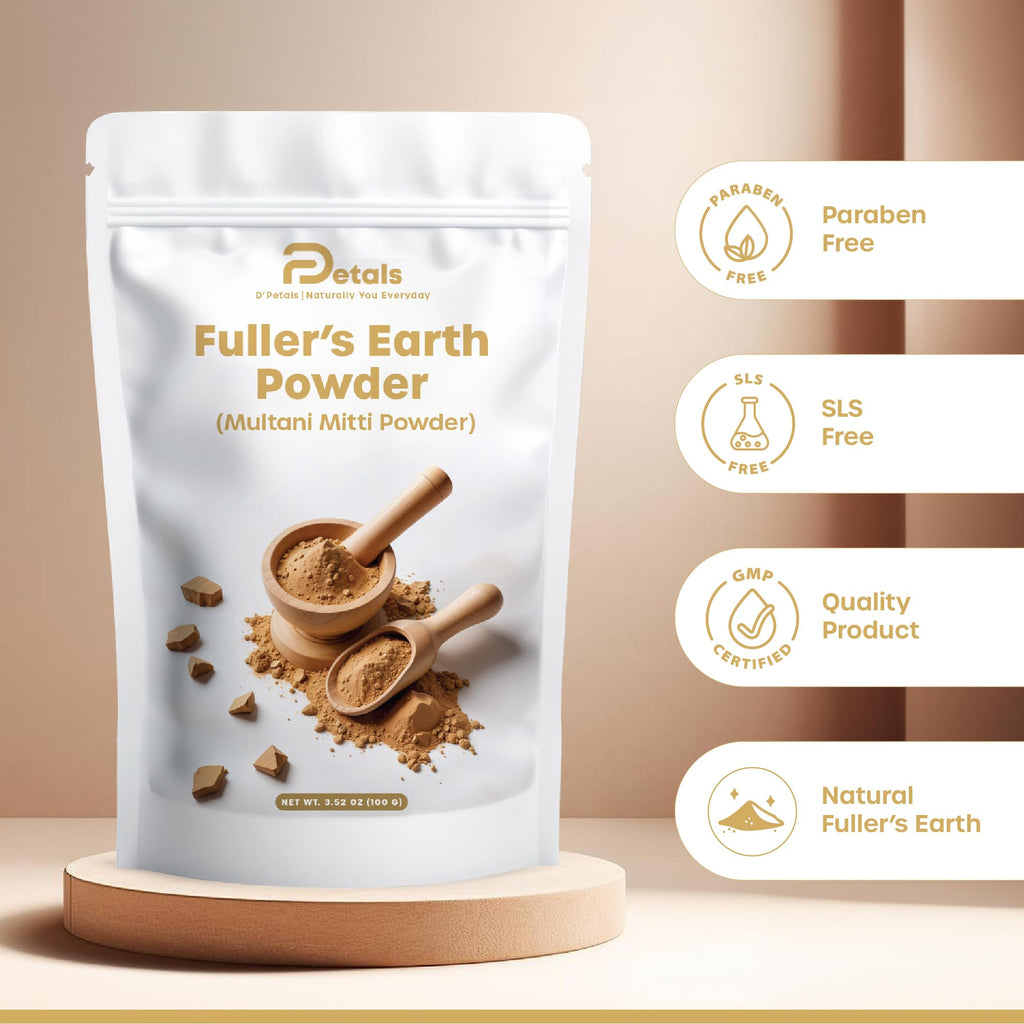 DPetals Fuller's Earth Powder for Face, Skin and Hair, Pure & Natural, Multani Mitti, Chemical Free 3.5 Oz | 100 g Pack