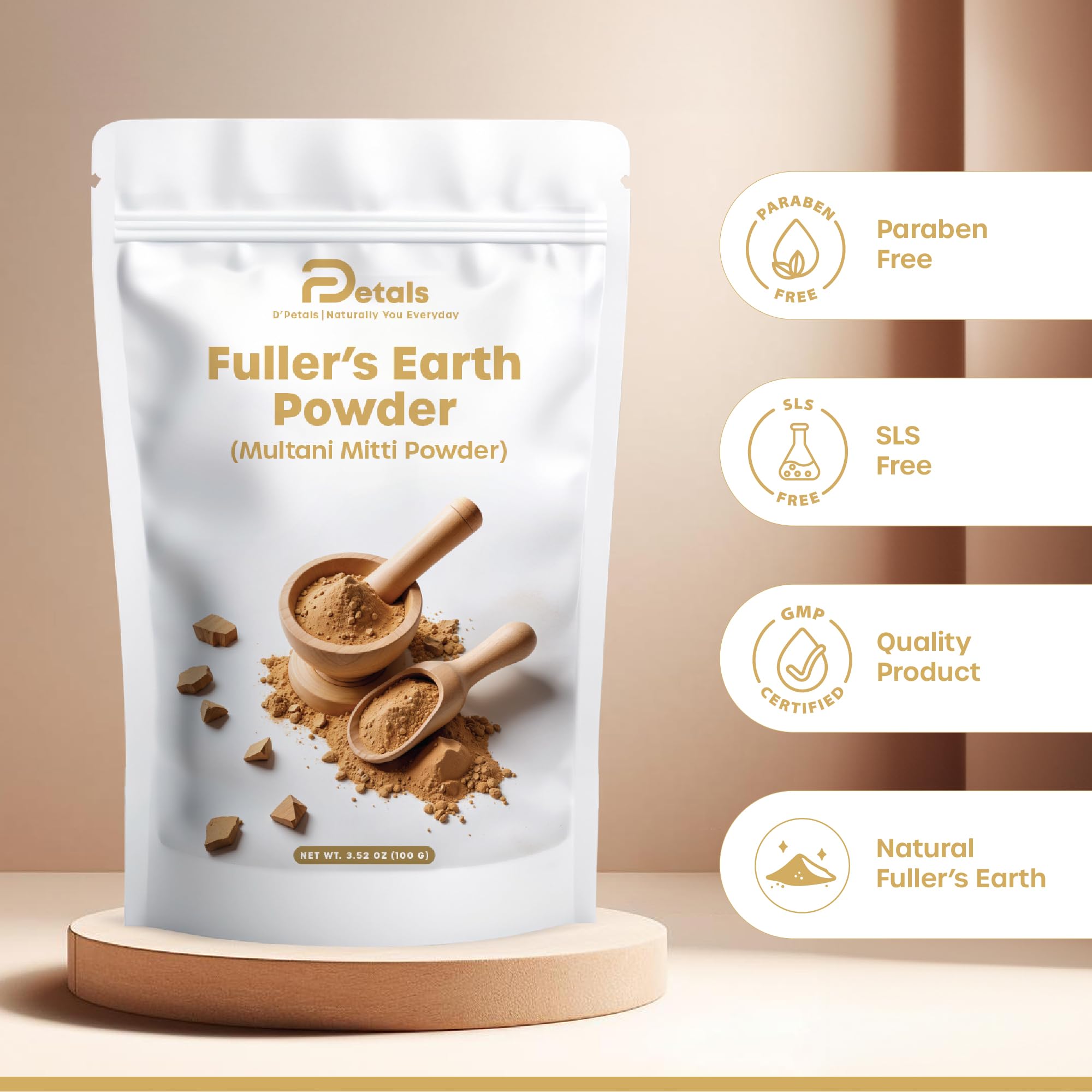 DPetals Fuller's Earth Powder for Face, Skin and Hair, Pure & Natural, Multani Mitti, Chemical Free 3.5 Oz | 100 g Pack