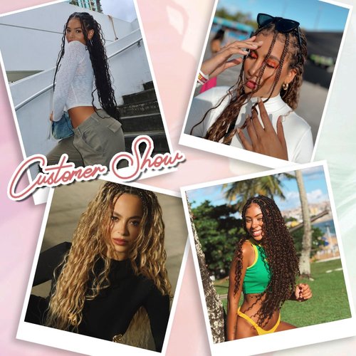 Eeanno Goddess Box Braids Crochet Hair for Black Women 24 Inch 7 Packs Natural Black Boho Hair Pre Looped Crochet Box Braids with Curly Ends, 1B