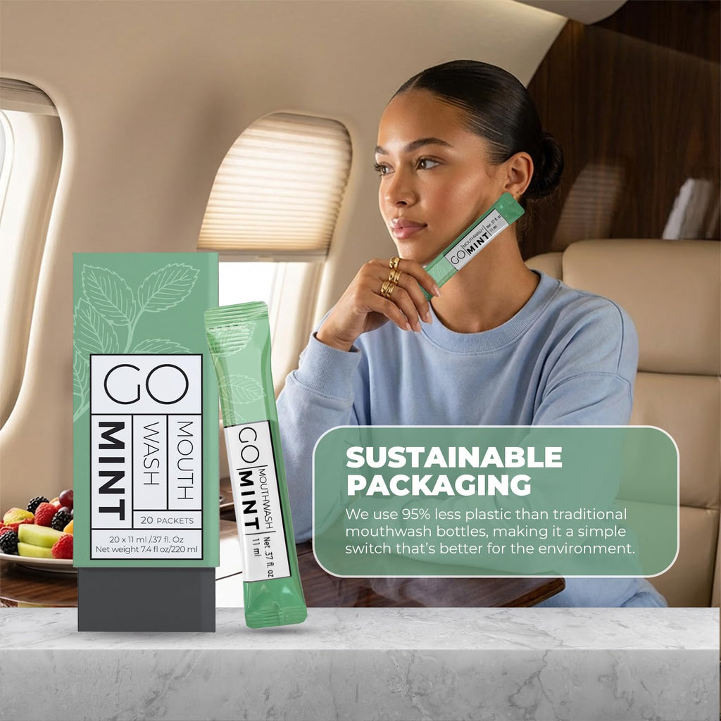 GO Travel Size Mouthwash Packets – Individual sachets for Fresh Breath - TSA Compliant - Smart Packet Design to Reduce Travel Bottle Waste - Liquid Mint Flavored Portable Bulk