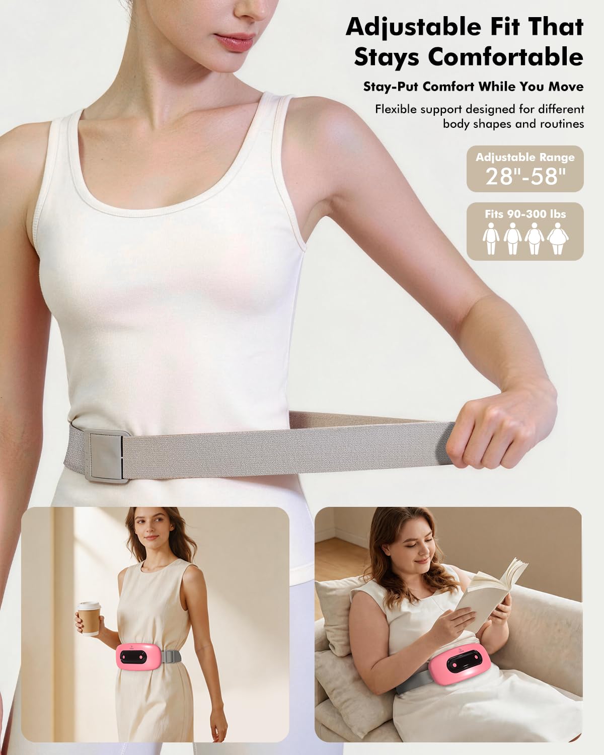 Electric Heating Pad, Portable Cordless Menstrual Heating Pad with 4 Heat Levels and 4 Massage Modes, Fast Large Heating Belly Wrap Belt for Cramps, Back Pain Relief Gifts for Women Girls Her (Pink)