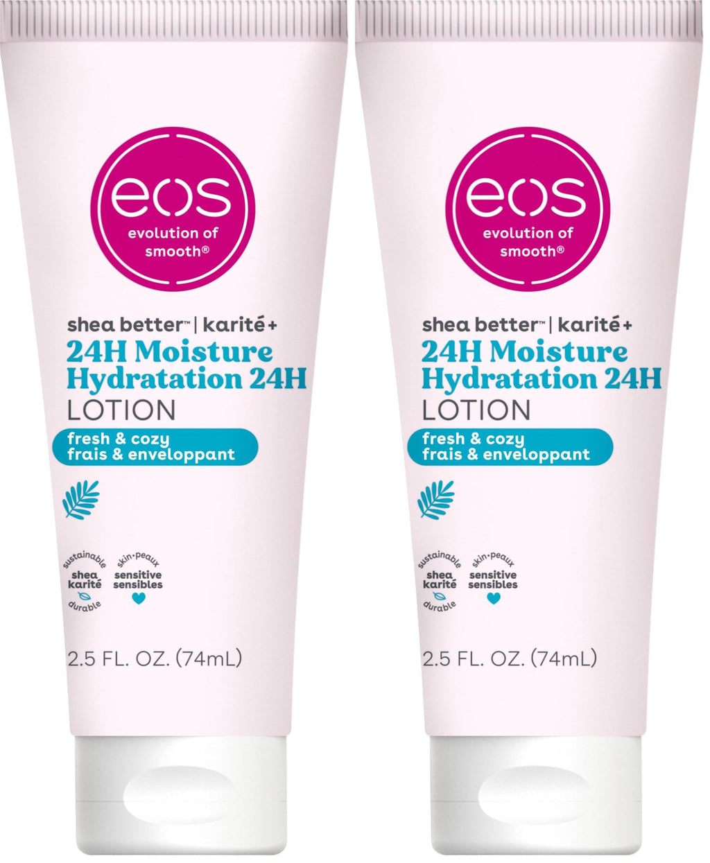 eos 24H Moisture Travel Body Lotion- Fresh & Cozy, Travel Size Essential, Toiletries, Mini Body Lotion, 2.5 fl oz (Pack of 2)