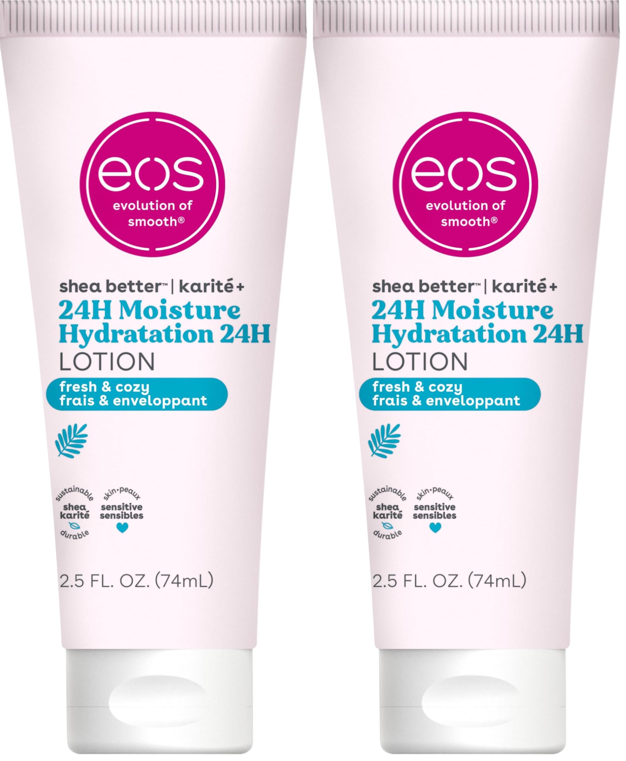 eos 24H Moisture Travel Body Lotion- Fresh & Cozy, Travel Size Essential, Toiletries, Mini Body Lotion, 2.5 fl oz (Pack of 2)