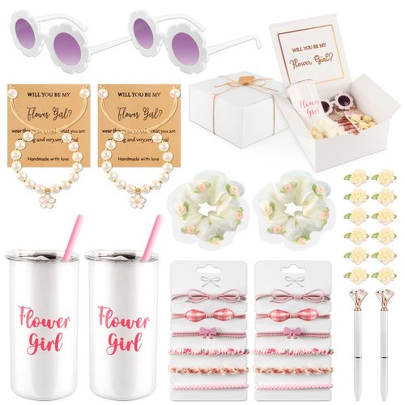 40pcs Flower Girl Proposal Gifts Set of 2, White 12oz Tumbler Sunglasses Pearl Bracelet Diamond Pen Hair Ties Flower Girl Sets for Little