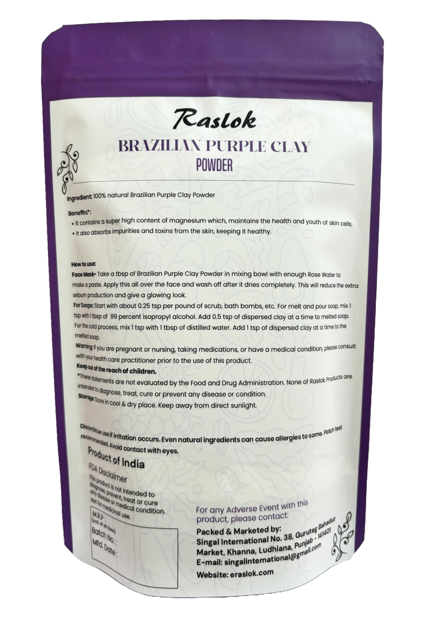 Raslok Brazilian Purple Clay | Facial Cleansing Mask | For making Masks, Creams, Scrubs, Body Wash and Soaps (3.52, Ounces)