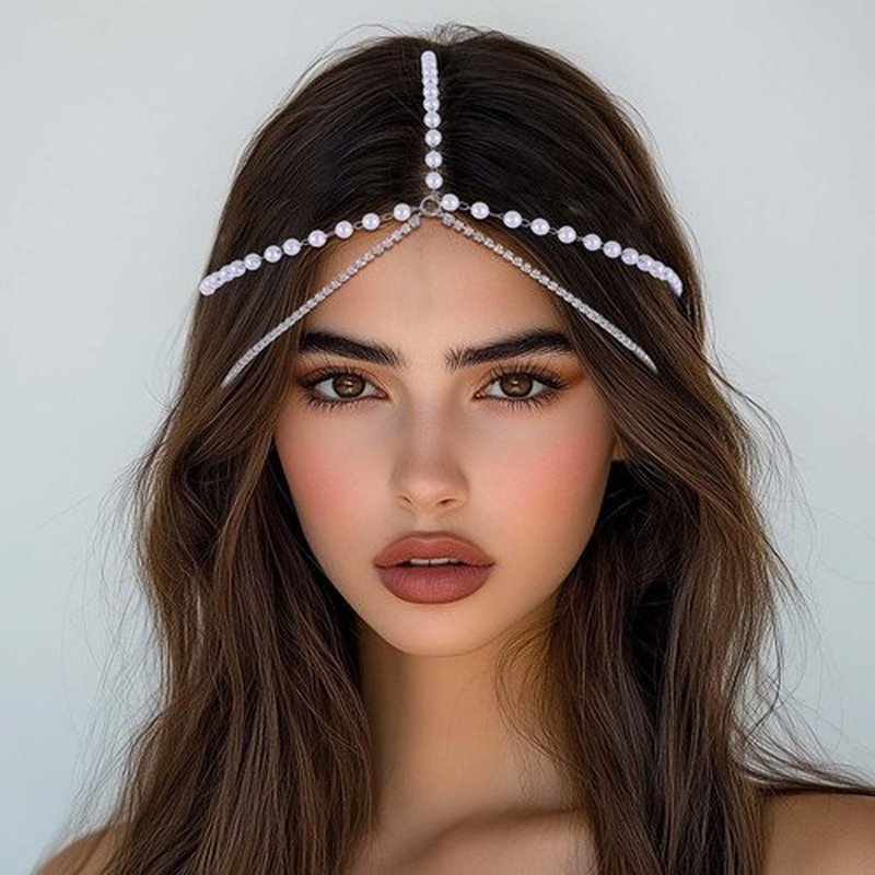 Fdesigner Boho Pearl Head Chain Jewelry Crystal Headpieces Wedding Rhinestone Headband Hair Accessories for Women (Silver)