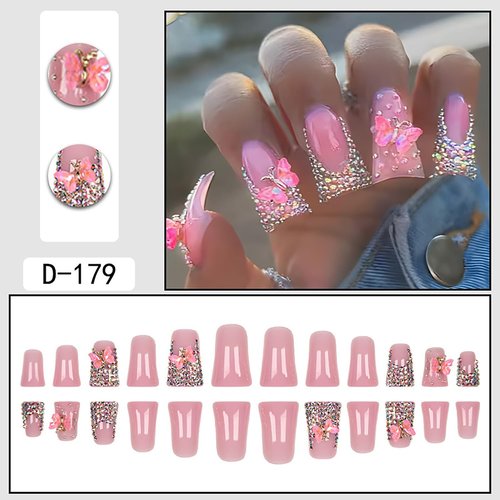 FIEONCIY Press on Nails Duck Shaped Glossy Full Cover Acrylic French False Nails with Designs Artificial Medium Duck Fake Nails with Charms Glue ons Fingernails for Women Girls(D179)