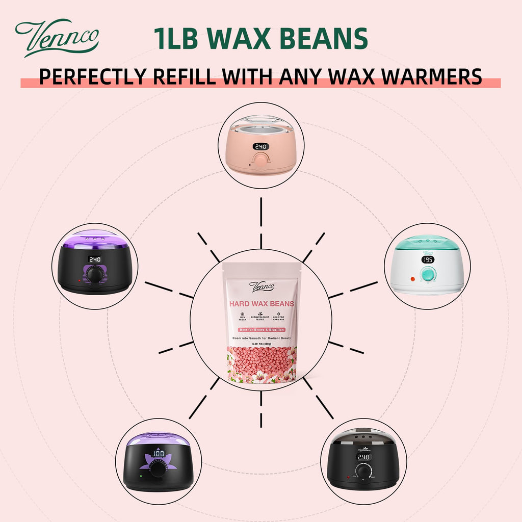 VENNCO Hard Wax Beads, 1lb Wax Beans for hair removal with Cherry Blossom Extract, Ideal for Sensitive Skin, Perfect for Facial, Eyebrows, Arms, and Brazilian Area, Wax Refill for Home Use