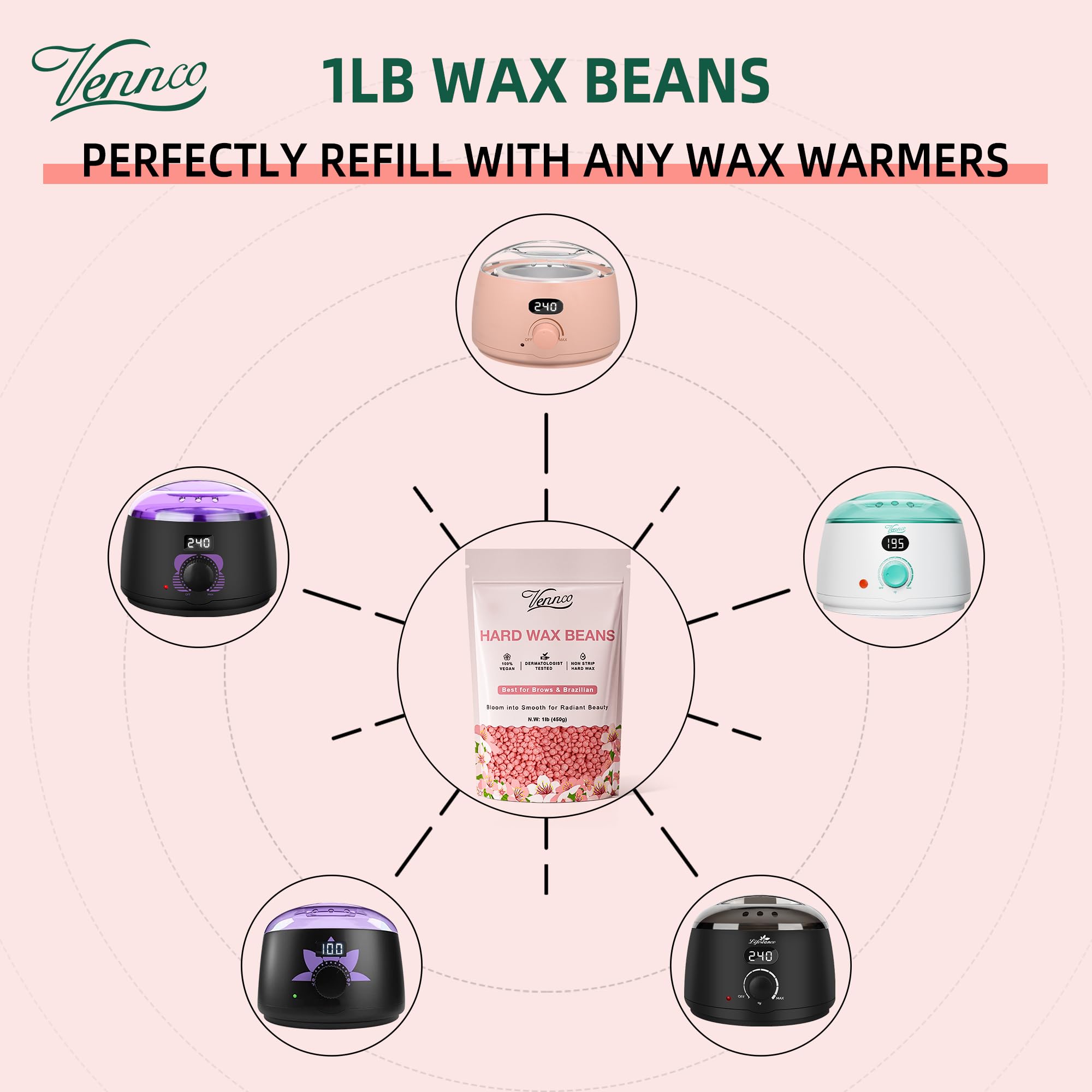 VENNCO Hard Wax Beads, 1lb Wax Beans for hair removal with Cherry Blossom Extract, Ideal for Sensitive Skin, Perfect for Facial, Eyebrows, Arms, and Brazilian Area, Wax Refill for Home Use