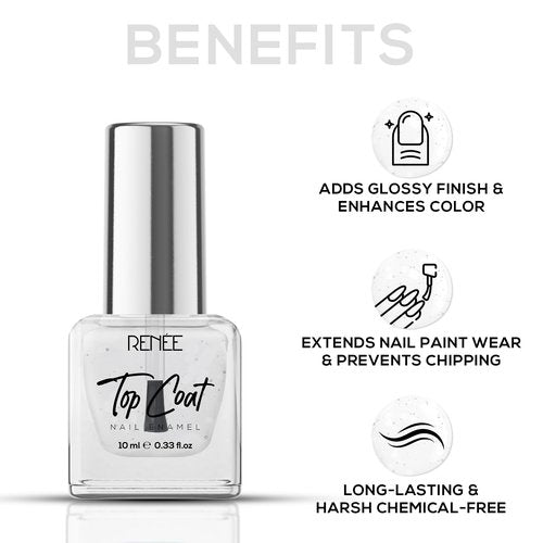 RENEE Top Coat Glossy Finish Nail Enamel, Quick Drying, Long Lasting, Chip Resisting Formula With High Shine & Full Coverage, One Stroke Application, Translucent Layer, 10 Ml