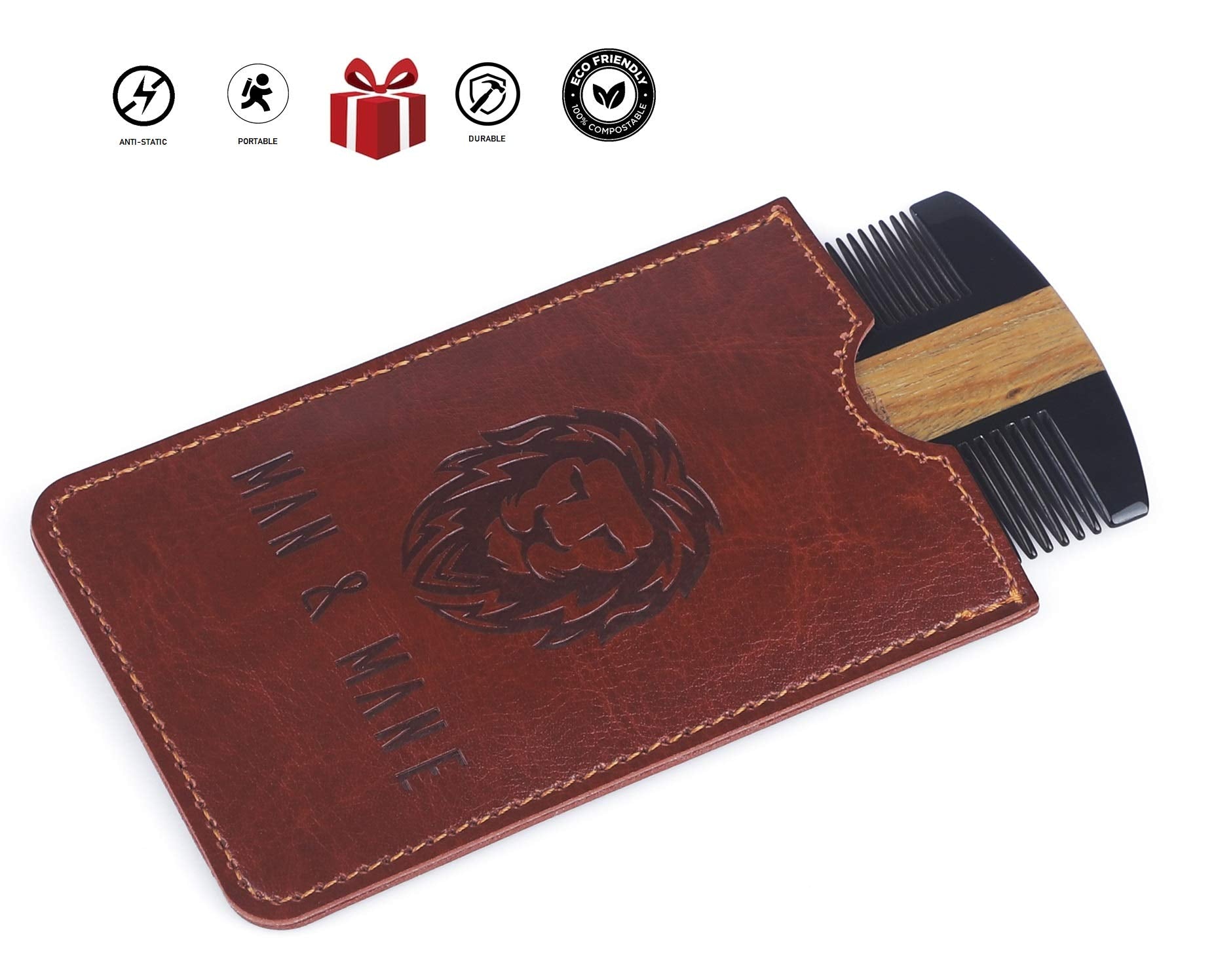 Premium Natural Ox horn and Sandalwood Beard Comb Dual-Action | Double Sided Beard & Mustache Comb with Brown Protective Case | Perfect Grooming Companion & Gift for Men – by Man & Mane