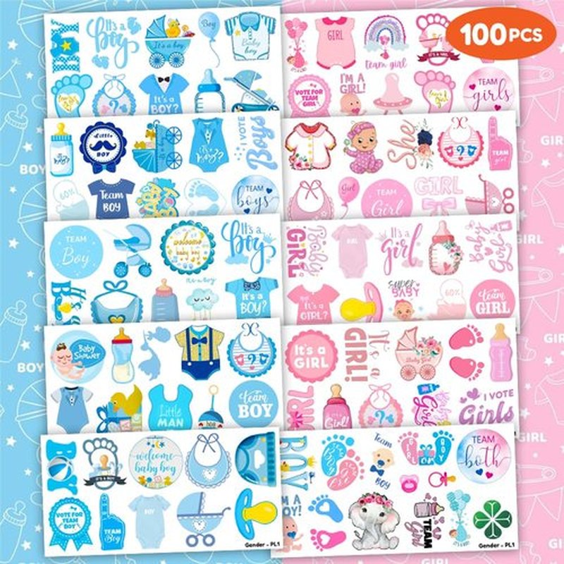 100 PCS Gender Reveal Temporary Tattoos Themed Birthday Party Decorations Favors Supplies Decor Baby Boy Or Girl Pink And Blue Tattoo Stickers Gifts For Game Kids Boys Girls Classroom School Prizes