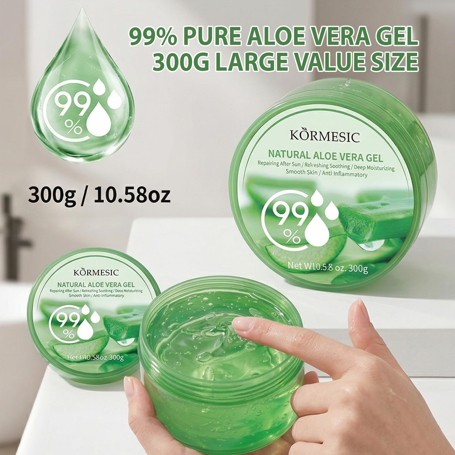 KORMESIC Aloe Vera Gel Hydrating Cream - 99% Pure Aloe Soothing Gel for Face, Body, Hair & After-Sun Care - Deep Moisturizer for Dry Skin - 300g