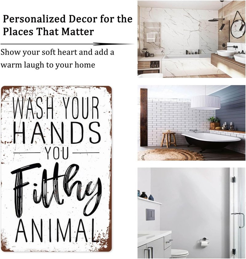 Funny Bathroom Wall Decor - 'Wash Your Hands You Filthy Animal' Metal Sign | 8x12 Inches for Guest Bath & Office