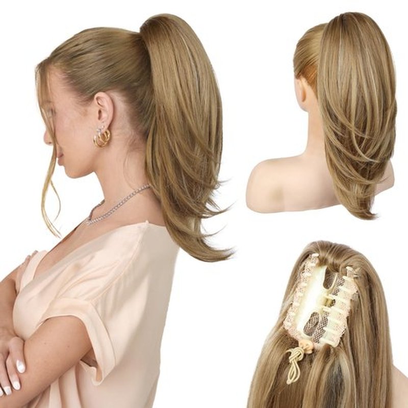 NTYNTY Ponytail Extension – 16” Claw Clip in Ponytail Hair Extensions Natural Soft Synthetic High Pony Tail Hairpieces for Women (Honey Blonde with Highlights, 16 inch)