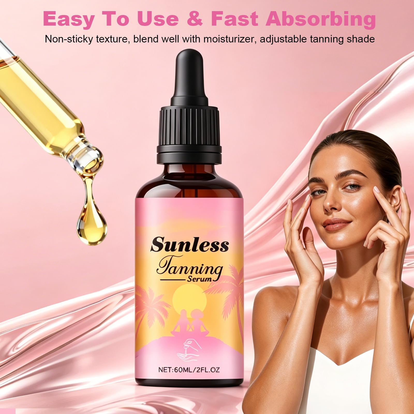 Sunless Tanning Drops for Face & Body - Plant Based Self Tanner Drops, Streak-Free Customizable Bronzing Serum, Natural Glow, Moisturizing, Cruelty-Free Self Tanning Serum for All Skin Tones, 60ml