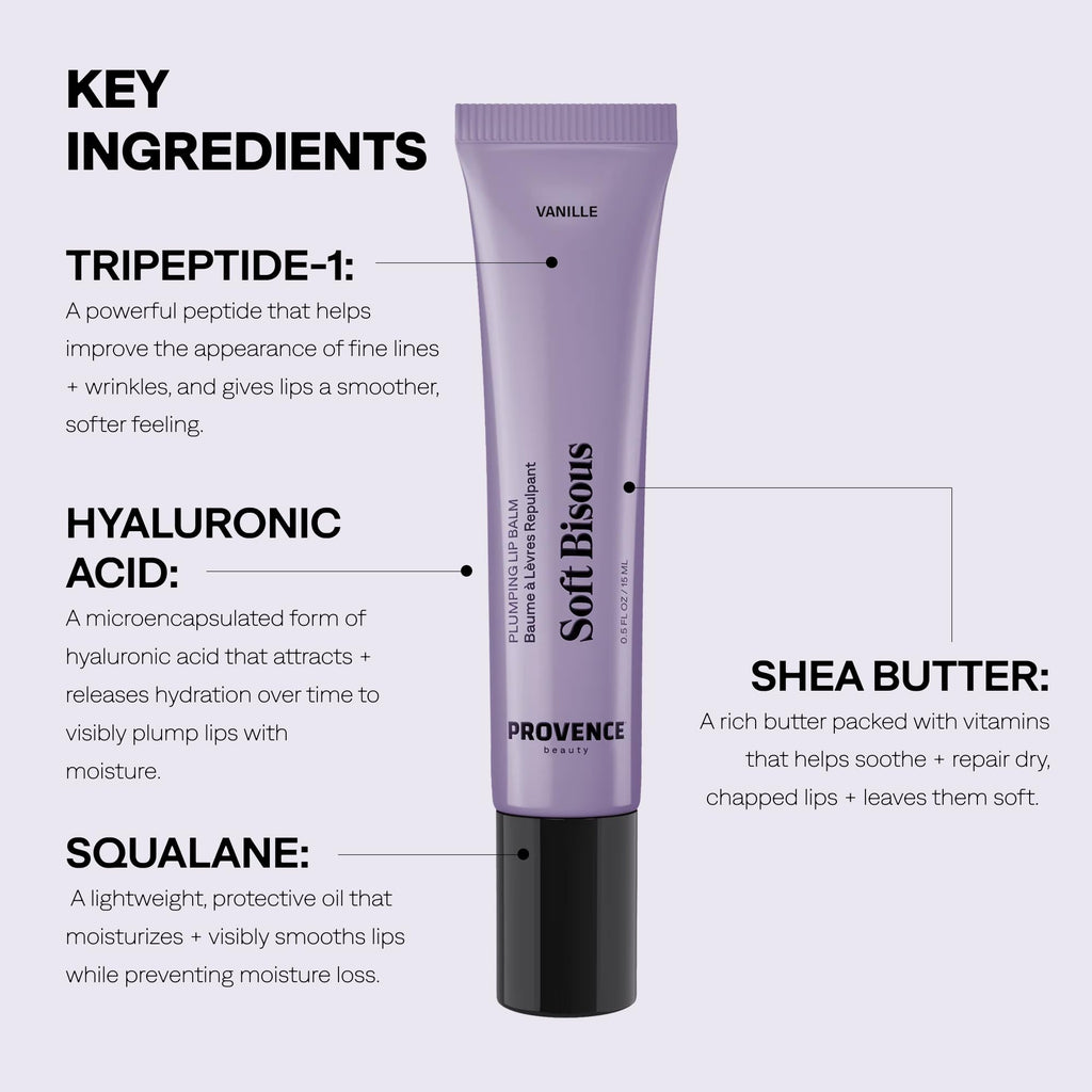 Provence Beauty Soft Bisous Plumping Lip Balm – Hydrating Lip Care Treatment with Tripeptide-1, Hyaluronic Acid & Shea Butter – Anti-Aging Lip Balm that Smooths, Softens & Plumps Dry Lips – 0.5 fl oz