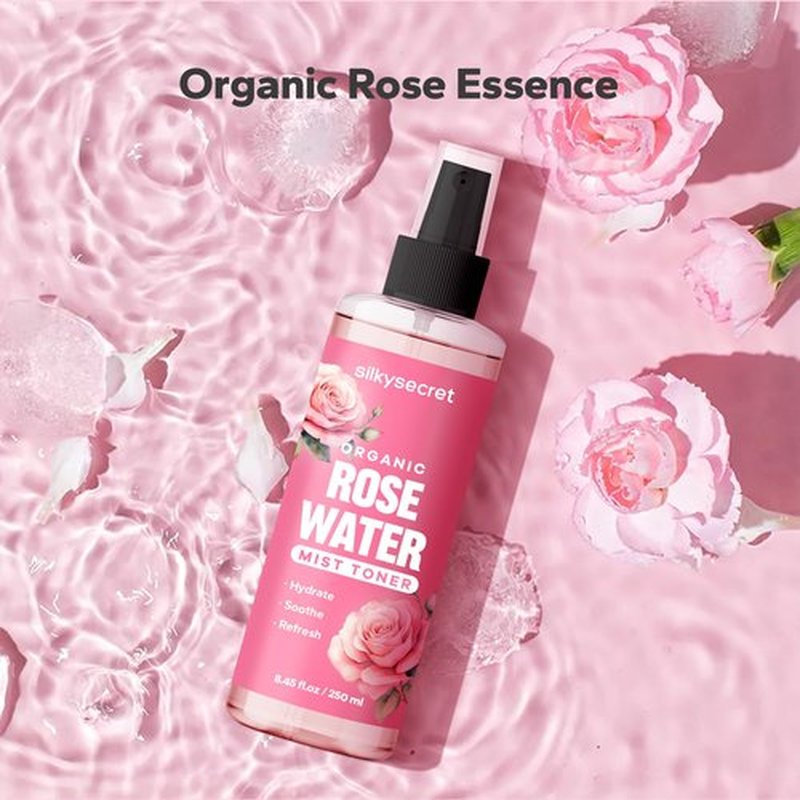 SilkySecret Organic Rose Water Spray (8.45 Fl Oz), Rosewater Spray for Face & Hair, Rose Water for Skin Care