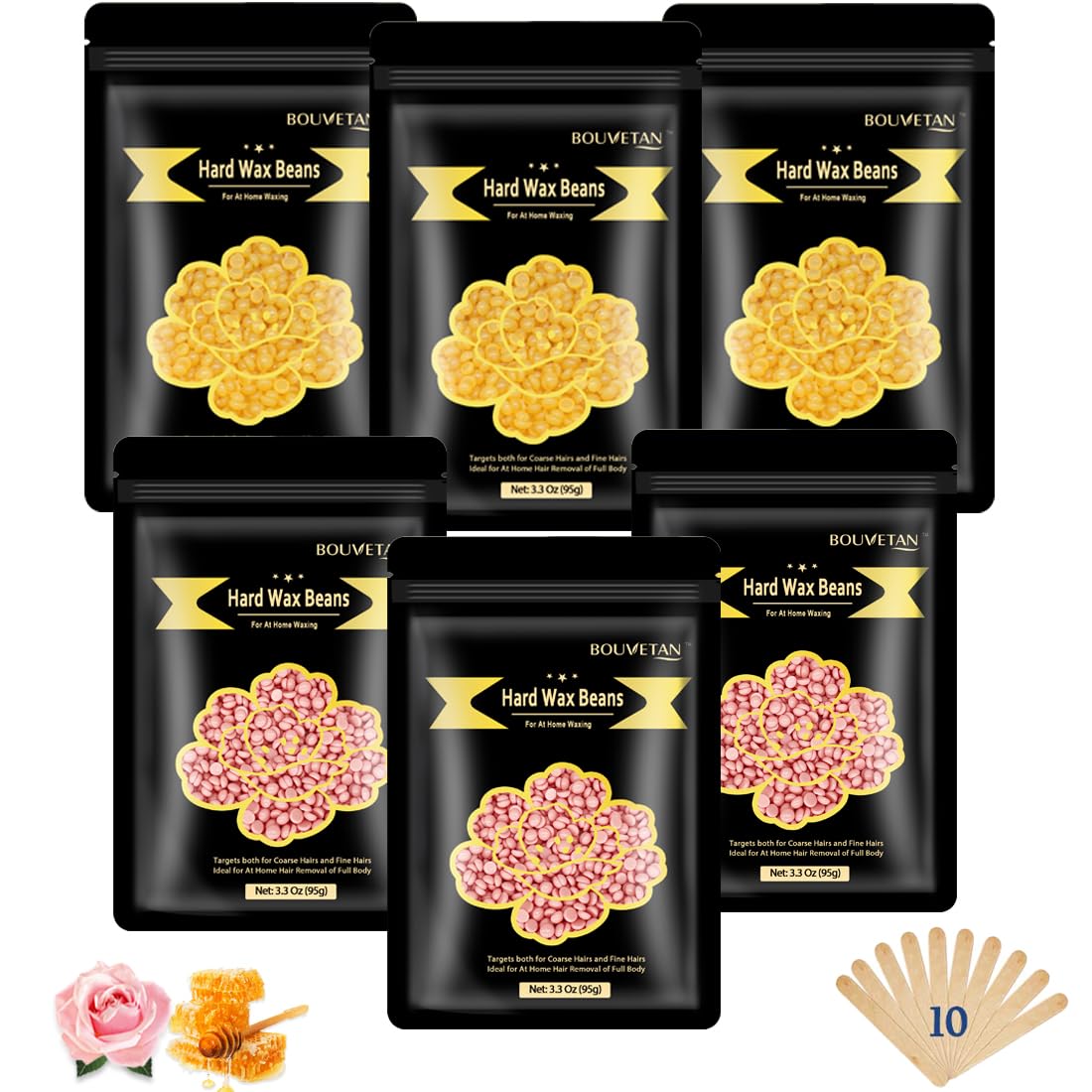 Hard Wax Beads, Bouvetan 1.3Lb/21oz Wax Beans for Brazilian Waxing, Hard Waxing Beads for Eyebrow, Face, Bikini for Women Men Hair Removal with 10pcs Wax Spatulas, 6 Packs