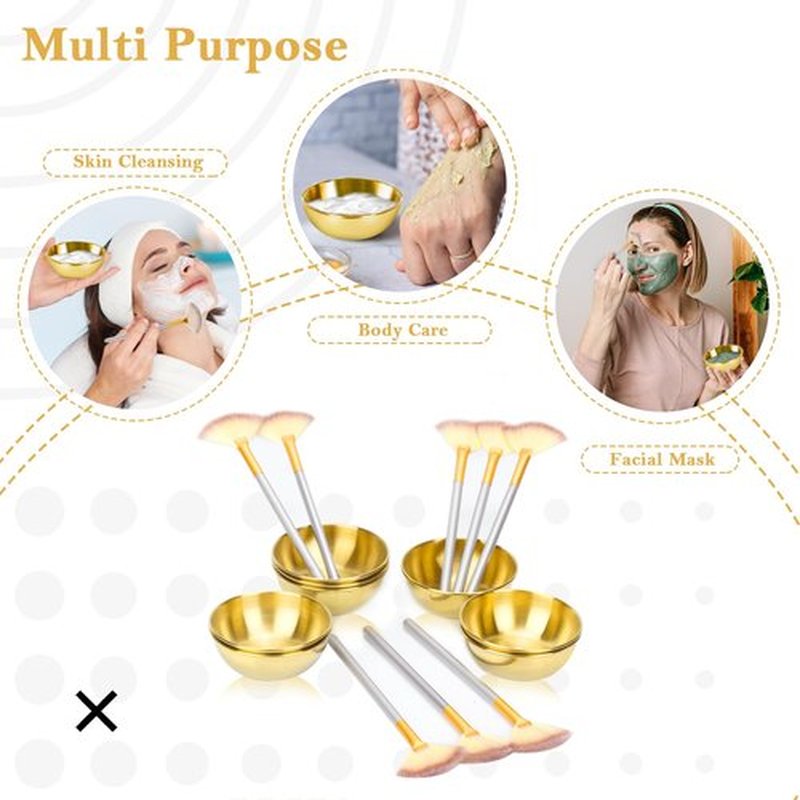 8 Pcs Gold Facial Bowl and Brush Set 4 Gold Stainless Steel Mixing Bowls 4 Facial Fan Brushes Esthetician Face Mask Brush for Mud Cream Makeup Spa Salon (8 Pcs)