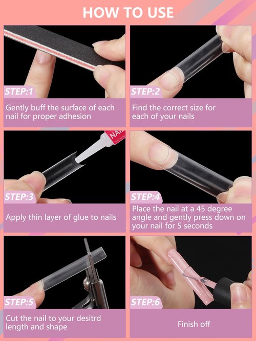 480PCS Extra Long C Curve Nail Tips and Glue, 2 Packs Natural and Clear Acrylic for Nails Professional Set, 12 Sizes Artificial Straight Square French False Nail Tips