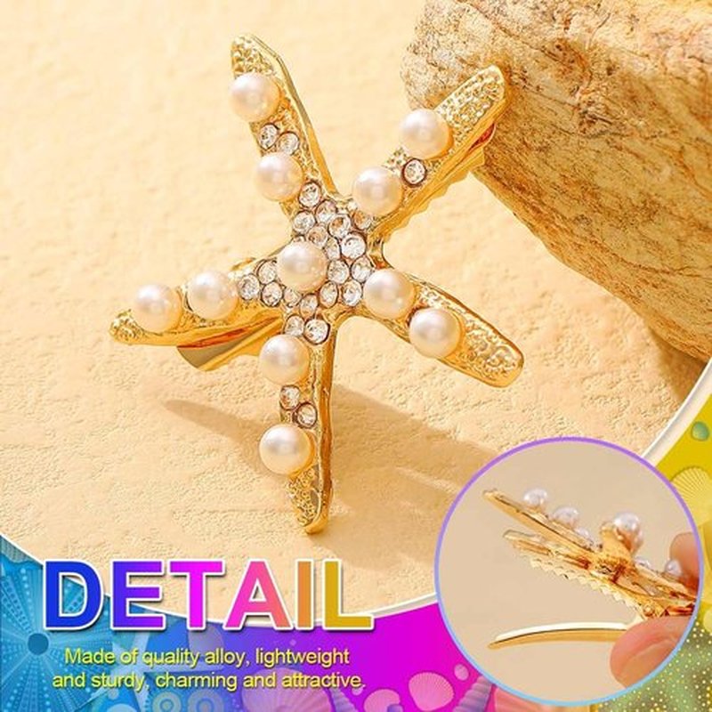 CAKURE Starfish Hair Clips Gold Metal Sea Star Hair Barrettes Cute Pearl Side Hair Pins Beach Hair Accessories for Women and Girls (Pack of 2) (a-gold)