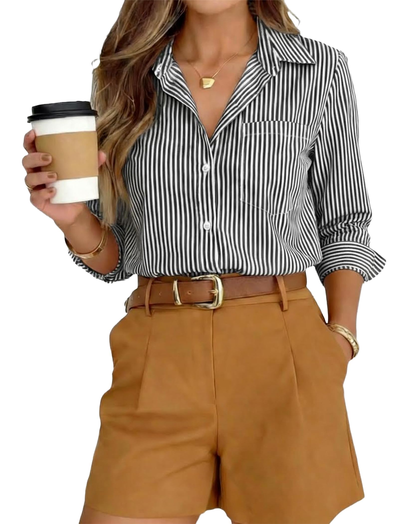 GEKCM Striped Button Down Shirt for Women Long Sleeve Tops Office Blouses 2026 Dressy Casual Loose Fit Shirts with Pocket