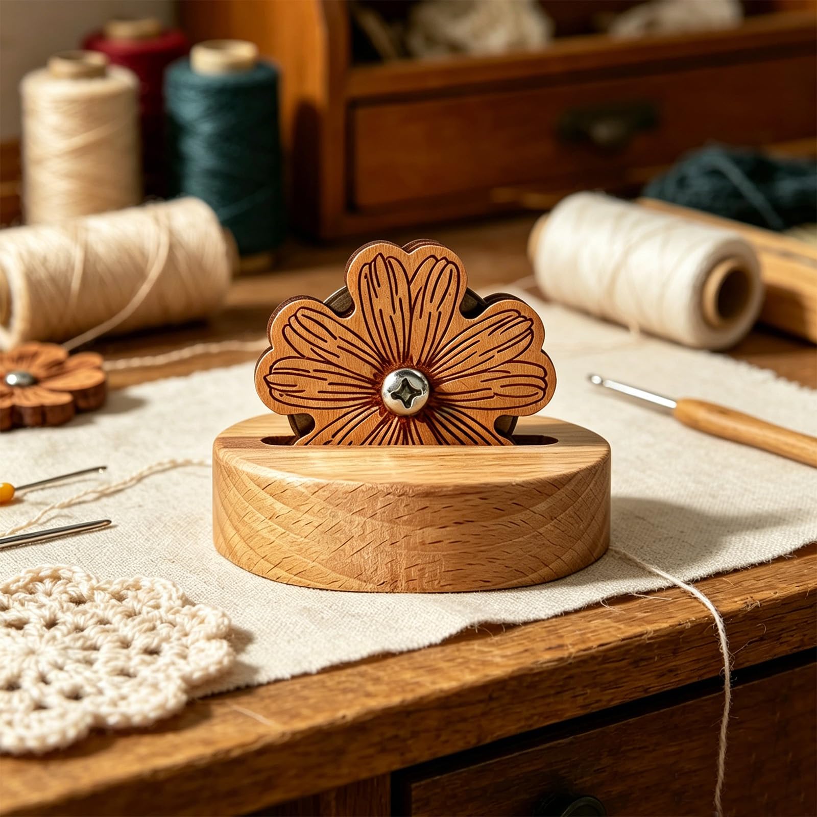 Thread Cutter Blade Tool for Sewing with Flower Shape Solid Wooden Sewing Tools (1 Piece)