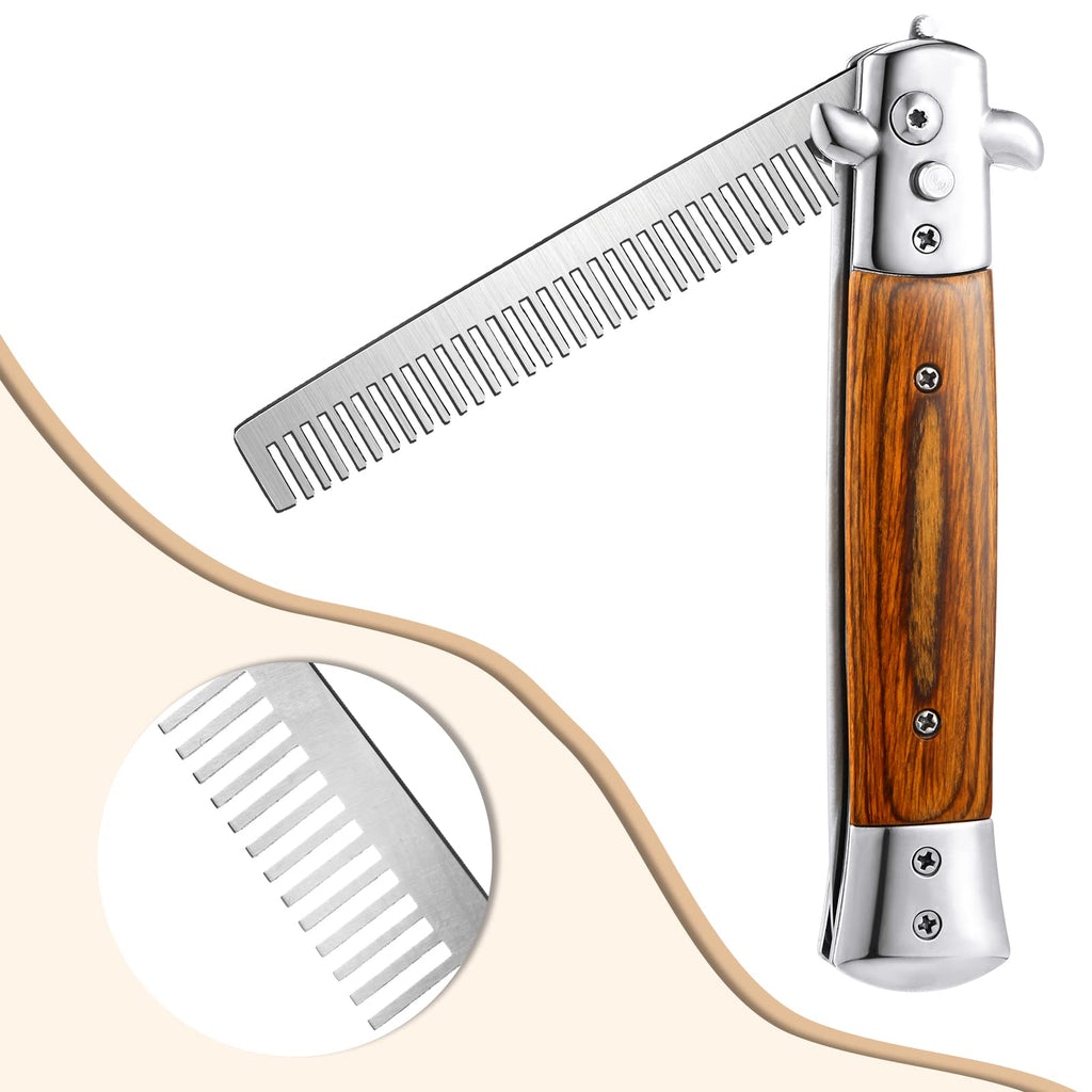 Chengu 2 Pieces Wood Grain Switchblade Blade Pocket Hair Brush Comb Automatic Push Button Brush and Folding Butterfly Stainless Steel Training Practice Comb Outdoor(Iridescent)
