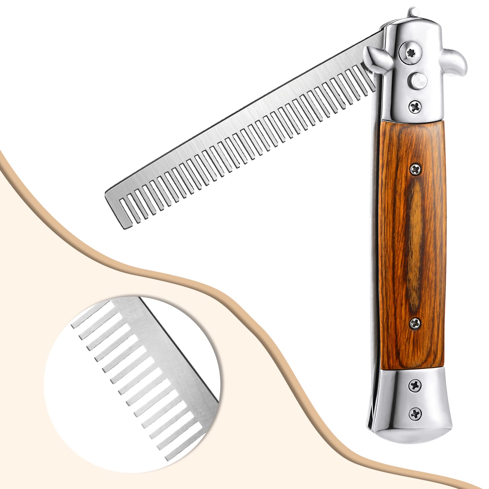 Chengu 2 Pieces Wood Grain Switchblade Blade Pocket Hair Brush Comb Automatic Push Button Brush and Folding Butterfly Stainless Steel Training Practice Comb Outdoor(Iridescent)