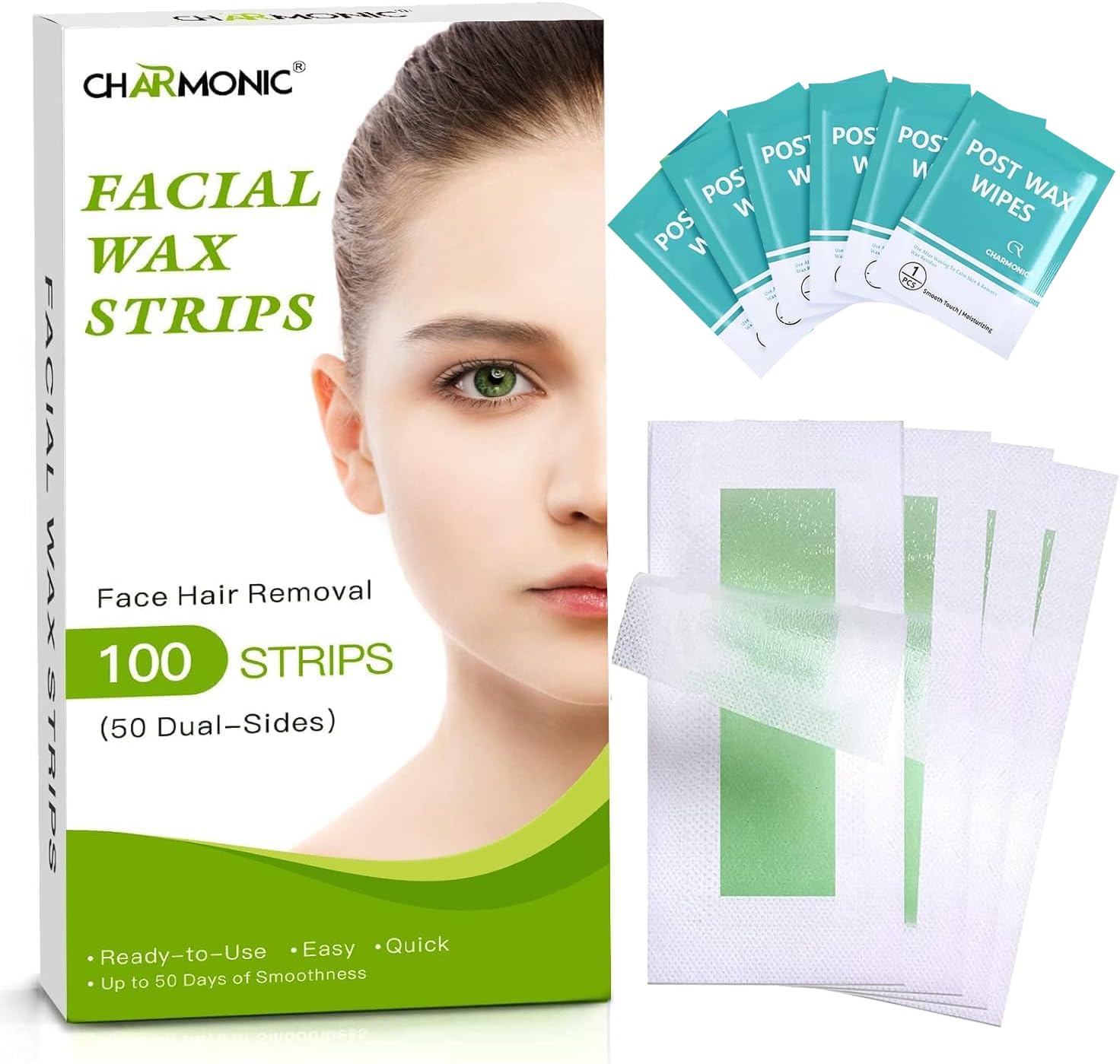 Facial Wax Strips - 100 Count, Facial Hair Removal for Women, Waxing Strips for Face Eyebrow Upper Lip Cheek Hair Remover, Quick & Painless At Home Waxing Kit for All Skin Types with 6 Pcs Wax Wipes
