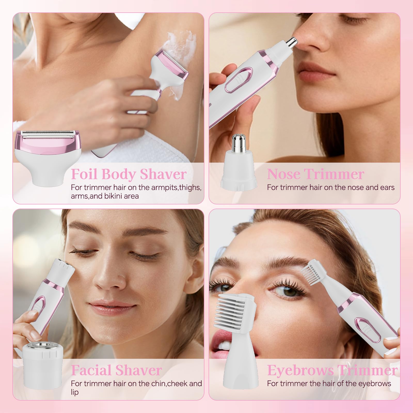 RUIM Women’s Electric Shaver 4-in-1, Painless Hair Remover for Bikini Face & Body, Cordless Wet/Dry Trimmer with Nose & Eyebrow Heads, Fast USB-C Charging, Travel-Ready Grooming Kit