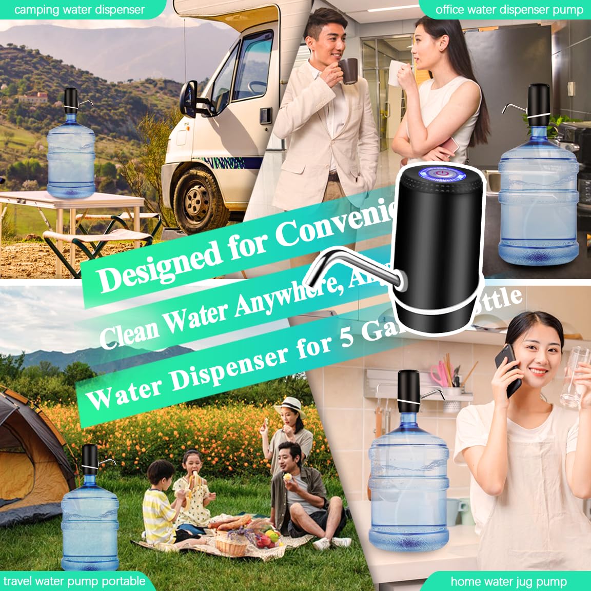 Water Dispenser for 5 Gallon Bottle, Electric Water Pump for 5 Gallon Jug with Switch and USB Charging, Portable Automatic Water Jug Dispenser for Camping, Travel, Home, Kitchen, Office