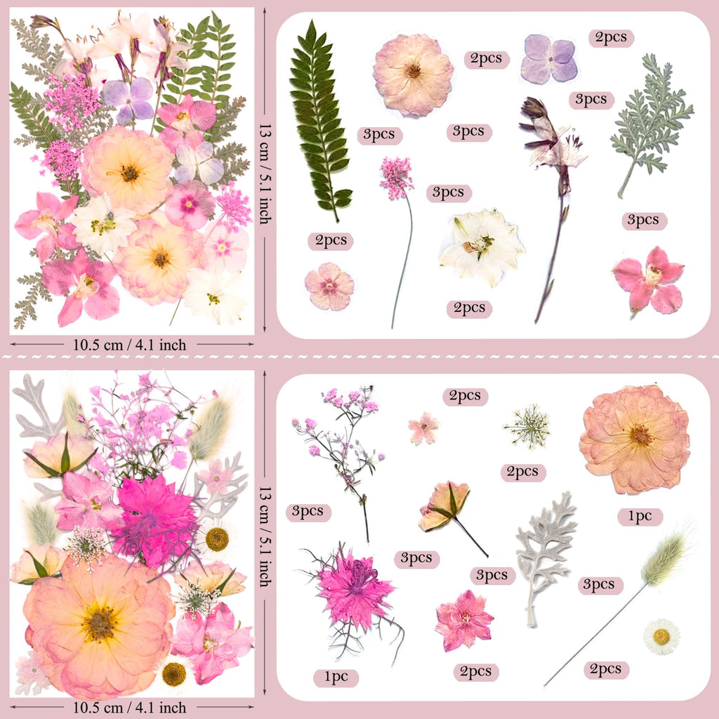 SUAUKEY 92 Pcs Pink Pressed Dried Flowers for Resin, Real Natural Bulk Dry Wildflowers Leaves Perfect for Epoxy Molds, DIY Crafts, Soap Candles Jewelry Making, and Home Decor