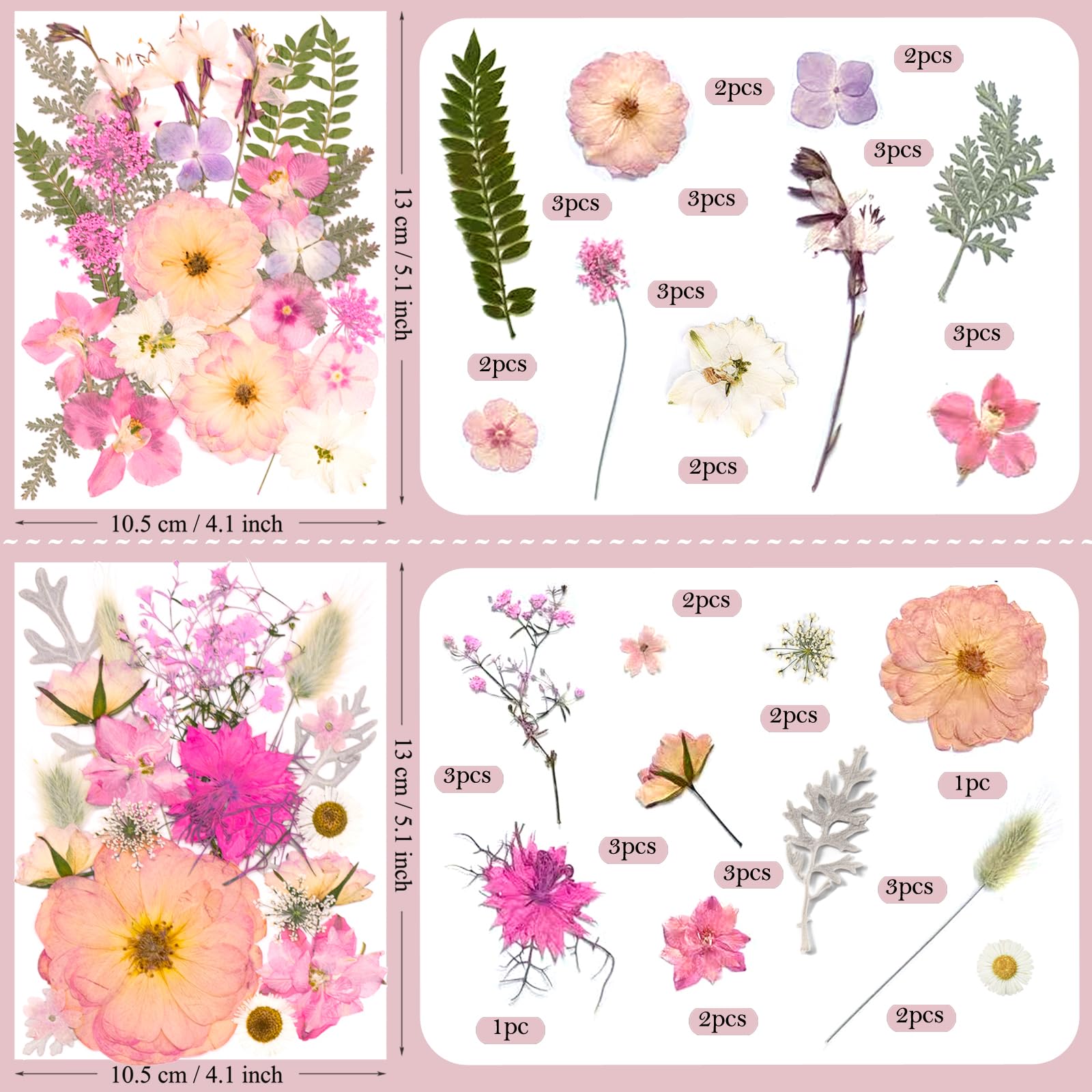 SUAUKEY 92 Pcs Pink Pressed Dried Flowers for Resin, Real Natural Bulk Dry Wildflowers Leaves Perfect for Epoxy Molds, DIY Crafts, Soap Candles Jewelry Making, and Home Decor