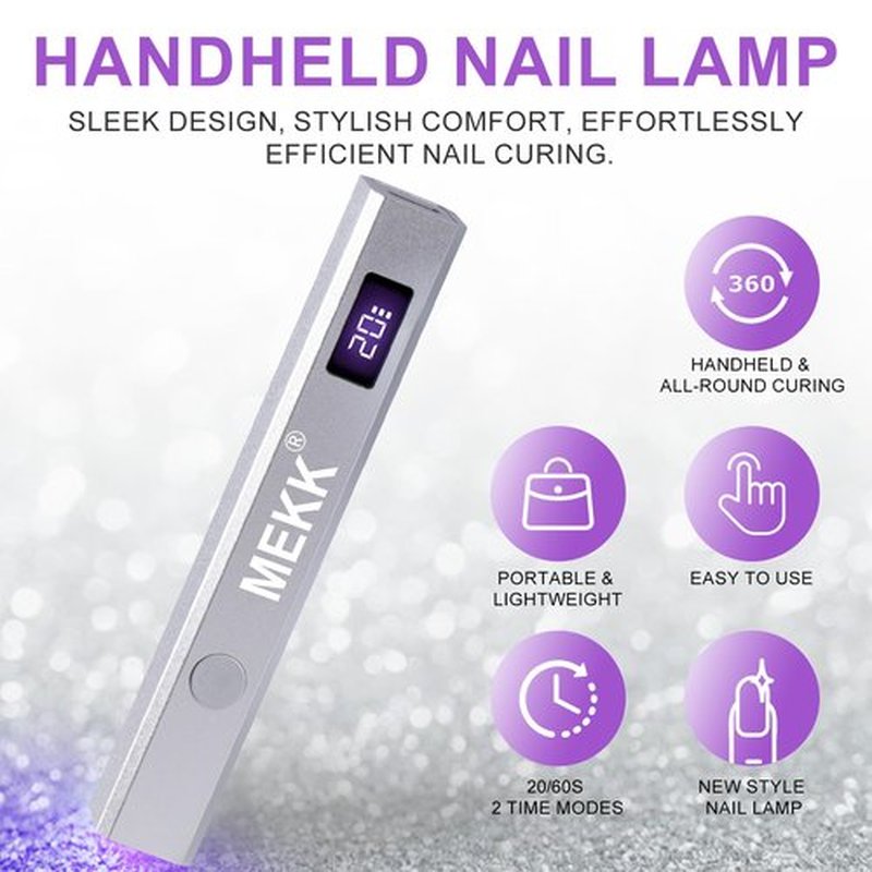 MEKK Metal Handheld UV Light for Gel Nails,Mini UV LED Nail Lamp with LED Screen and Cordless Flash Cure Nail Lamp with Visible Timer,Portable Nail Light for Beginners,Travel,Home- Silver