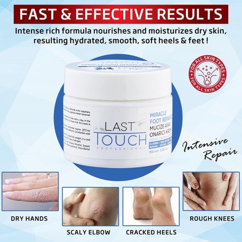 LAST TOUCH Miracle Cracked Repair Foot Care Cream - Foot Cream Dry Cracked Heels - Guaranteed Relief Worn, Cracked, Dry, Callused Feet - Athletes Foot Cream - Soft Smooth Feet 3.38 Fl Oz