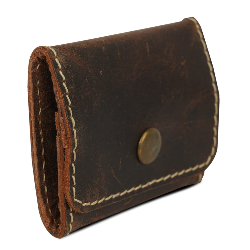 CestAntiQ, Leather Coin Pouch, Change Holder, Mini Pocket Wallet for Men & Women, Vintage Handmade Brown Leather with Antique Button Closure, Natural Threads, Compact Wallet for Coins & Small Items