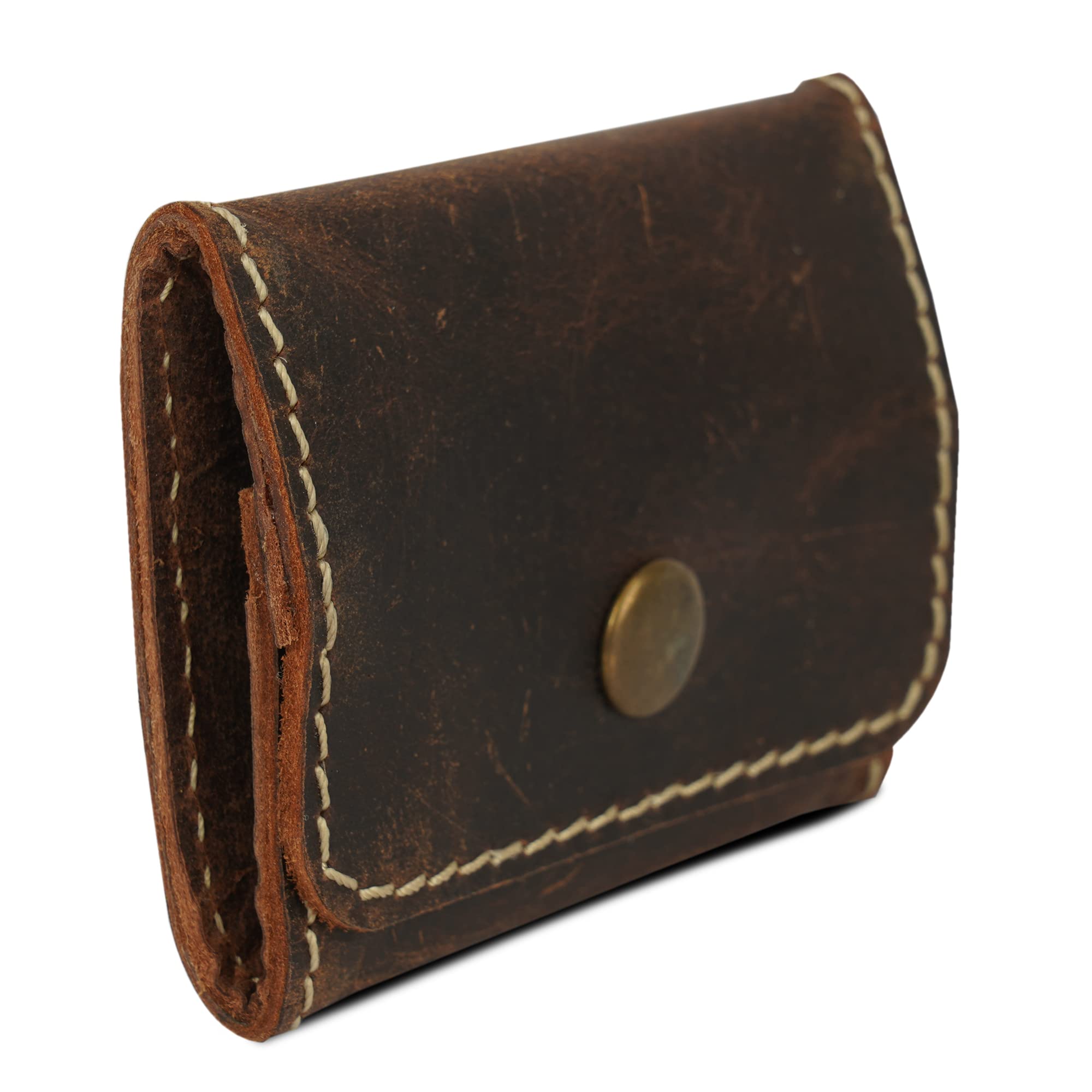 CestAntiQ, Leather Coin Pouch, Change Holder, Mini Pocket Wallet for Men & Women, Vintage Handmade Brown Leather with Antique Button Closure, Natural Threads, Compact Wallet for Coins & Small Items