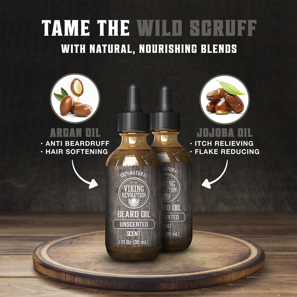 Viking Revolution Men's Beard Oil with Argan and Jojoba Oils - Natural Softener and Conditioner, Strengthens and Moisturizes (Unscented, 2 Pack)