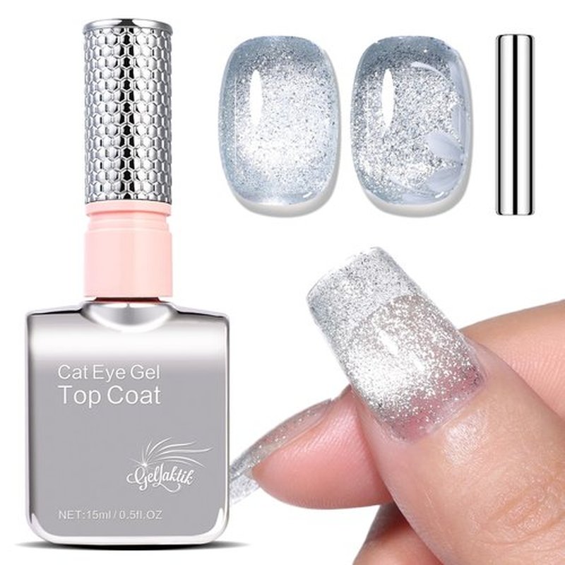 GELLAKTIK 5-in-1 Cat Eye Gel Polish 15ml No Base/Top Coat Needed All-in-One Formula, Beginner-Friendly Magnetic Nail Polish with Magnet Stick, Fast Curing for Home DIY Manicure (Silver)