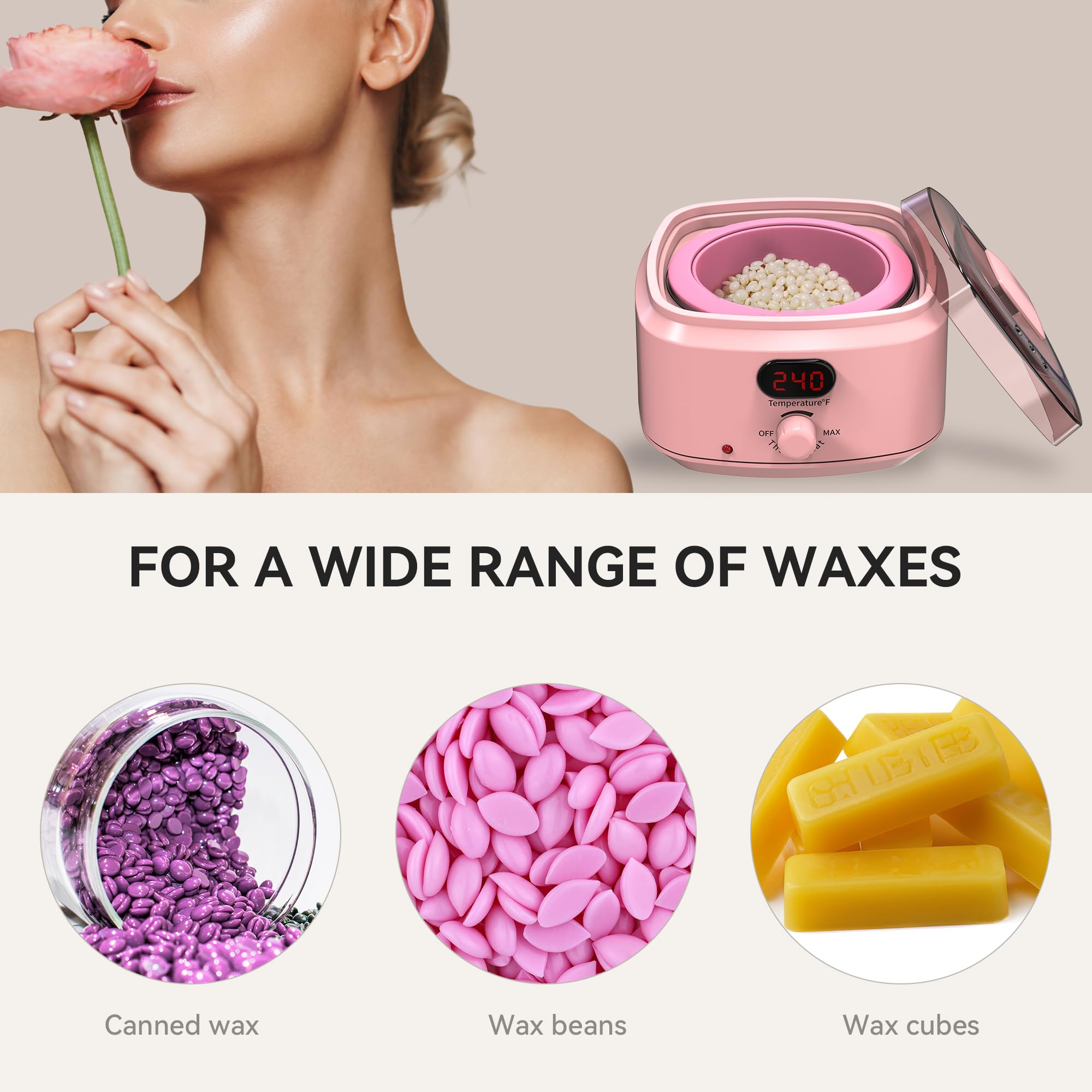 Waxing Kit for Women Men, Digital Wax Kit with Silicone Bowl & 4 Bags Hard Wax Beads, Portable Wax Warmer for Sensitive Skin Full Body Hair Removal, Brazilian Bikini, Eyebrow, Face (White)