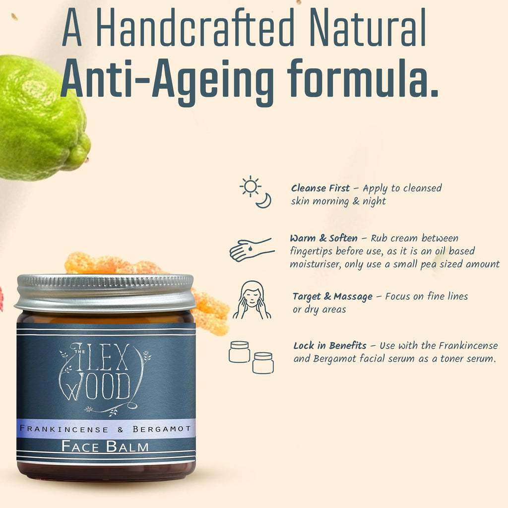 The Ilex Wood - Frankincense and Bergamot Face Balm - 100% Natural, Vegan, Moisturising, Anti Ageing, Wrinkle and Line Reducing Ingredients, Cruelty Free - 60ml (2.03 fl oz)