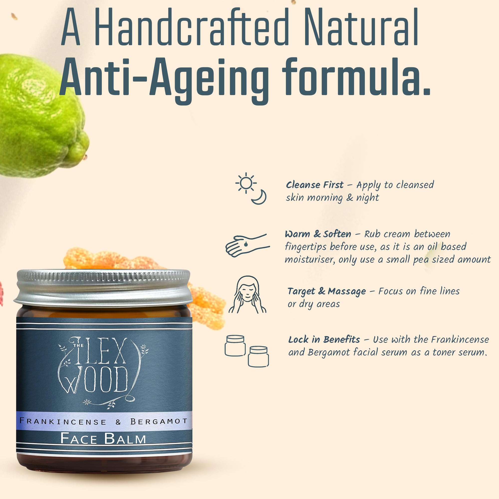 The Ilex Wood - Frankincense and Bergamot Face Balm - 100% Natural, Vegan, Moisturising, Anti Ageing, Wrinkle and Line Reducing Ingredients, Cruelty Free - 60ml (2.03 fl oz)